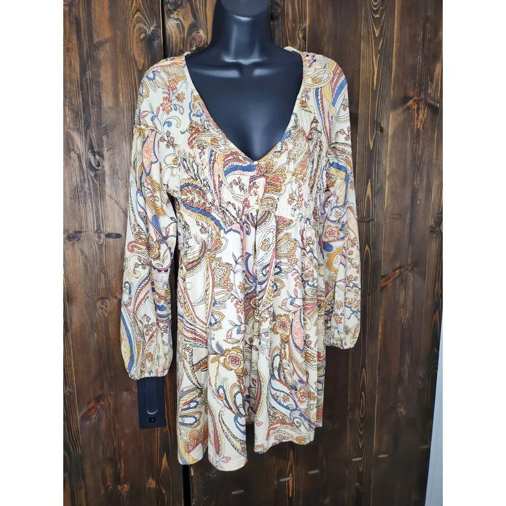 Melloday Anthropologie Mini Dress Paisley Small‎ Boho Style Long sleeve popover